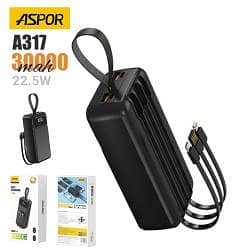 ASPOR A317 22.5W 30000MAH FAST CHARGING POWER BANK WITH 3 CABLES BLAC 0