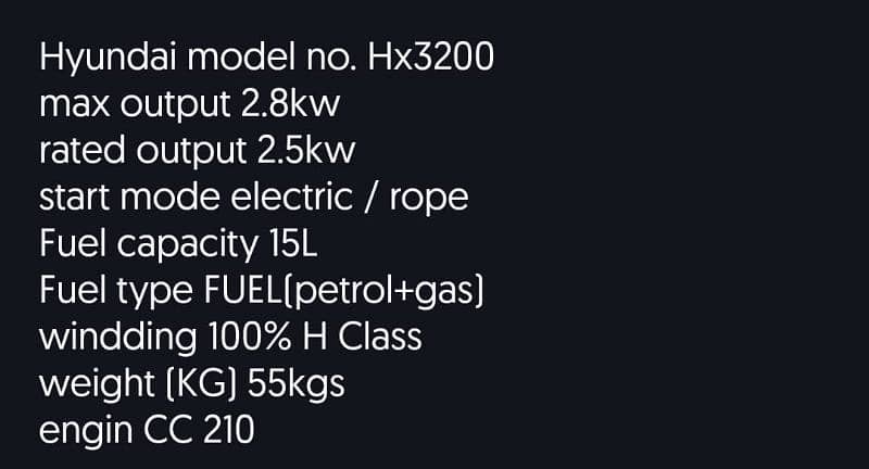 Hyundai generator model no. Hx3200 6