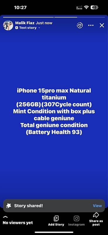 IPhone 15pro max 256GB 0