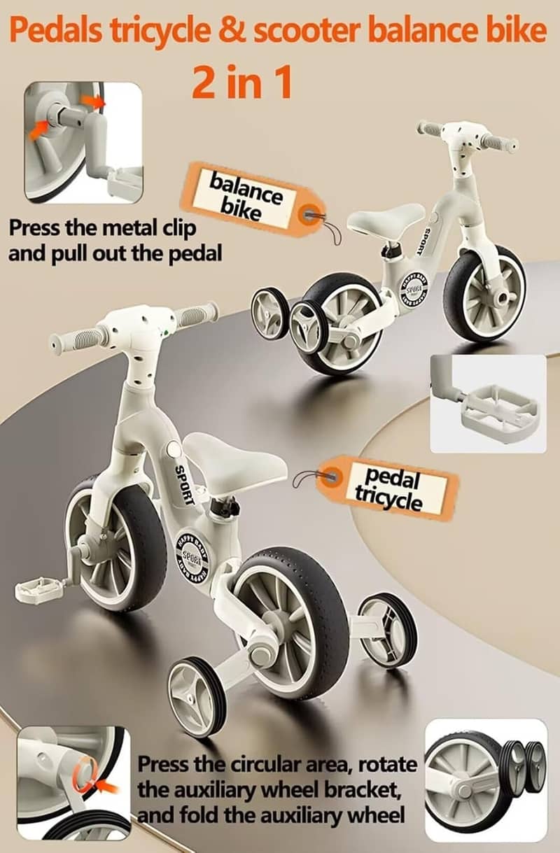 2 in 1 Tricycle with Training Wheels,Ride-on Bike,2 Wheels Balance 6