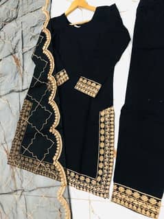 3 Pcs Women's Elegant Black Embroidered Cotton Suit