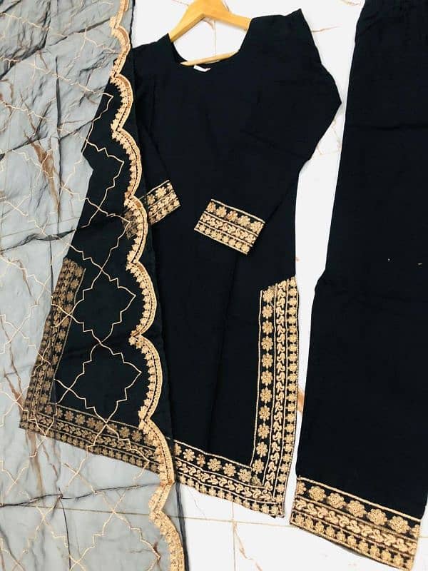 3 Pcs Women's Elegant Black Embroidered Cotton Suit 0