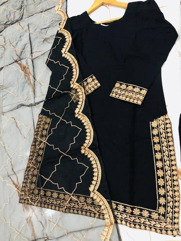 3 Pcs Women's Elegant Black Embroidered Cotton Suit 1