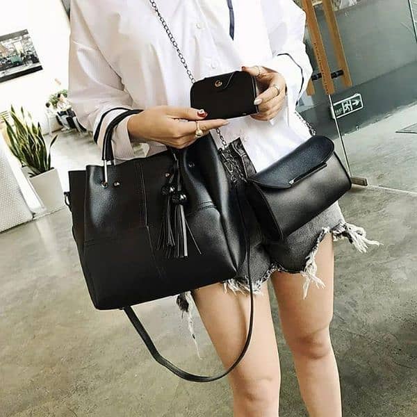 Woman's PU Leather Plain Hand Bag set 2