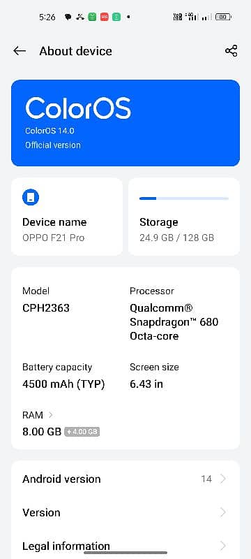 oppo F21 pro 8/128 with box charger 03284629700 2