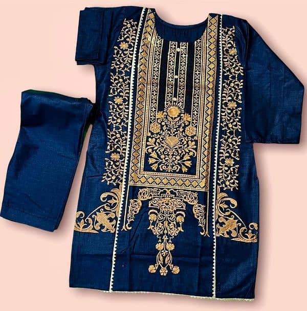 2 Pcs Women's Stitched Linen Embroidered Suit 1