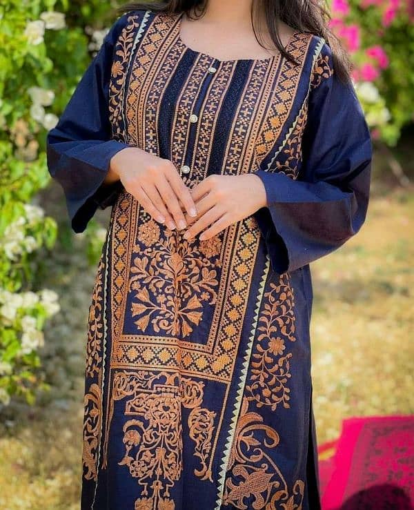 2 Pcs Women's Stitched Linen Embroidered Suit 2