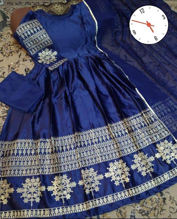 Stunning Embroidered Shamoz Silk Maxi Suit 3 Pcs Set in Blue 2