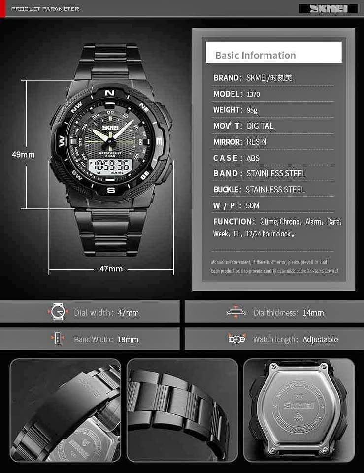 SKMEI Stainless Steel Dual Display Waterproof Watch For Men 1370 5