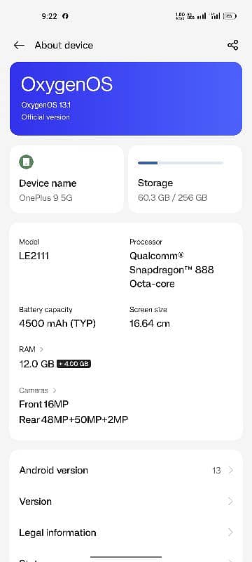 OnePlus 9 12GB Ram 256GB Memory 888 Snapdragon 1