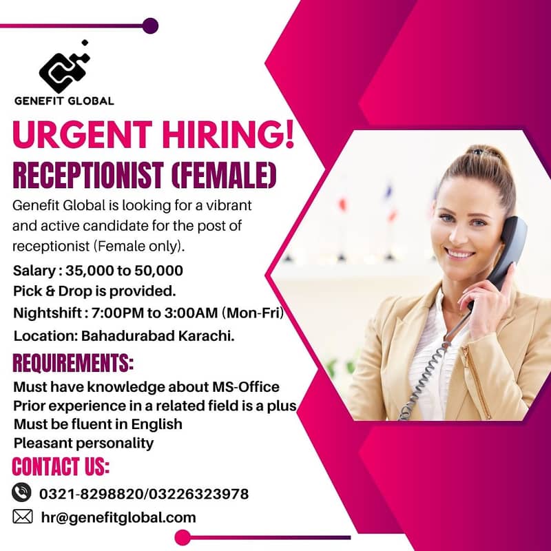 Urgent hiring! Receptionist (Female) 0