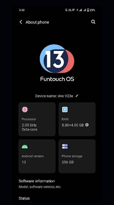 vivo v23e 8+4ram 256 gb memory 5