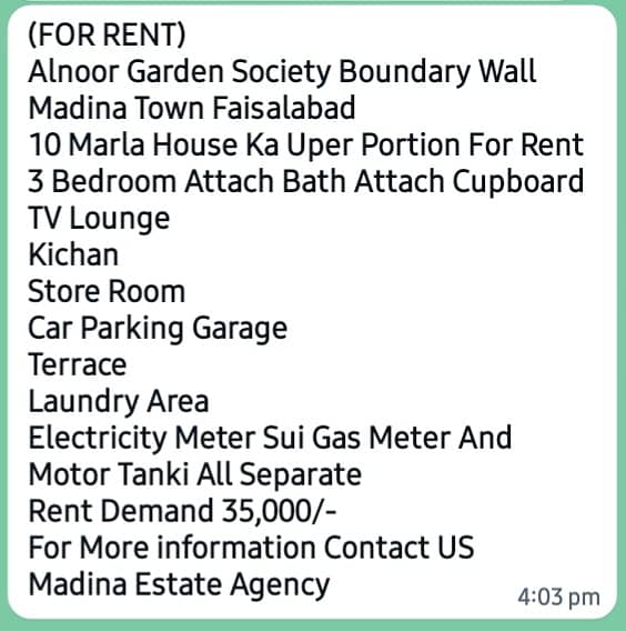 Alnoor Garden Society Boundary Wall Madina Town Faisalabad 10 Marla House Ka Uper Portion For Rent 3 Bedroom Attach Bath Attach 12