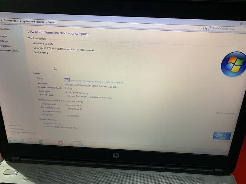 Hp Laptop core i5  8 gb Ram 9