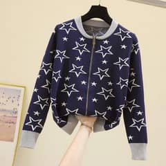 Stylish Printed Fleece Jacket- 1 Pc In Blue Available in Medium &Large