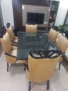 Elegant Black Marble Dining Table with 6 Velvet Chairs - New Condition