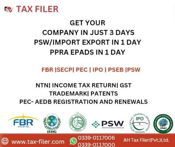 TAX RETURN,GST,FILER,SRB,NTN,SALE TAX,SECP,TRADEMARK,PSEB,KCCI,EPADS, 7