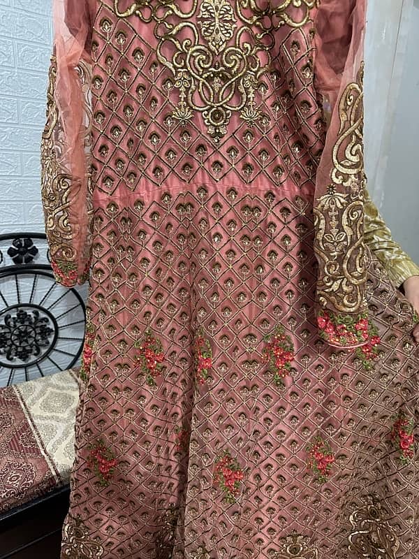 Bridal Heavy Tea Pink Long Maxi with Embroidered Dupatta and trouser 3