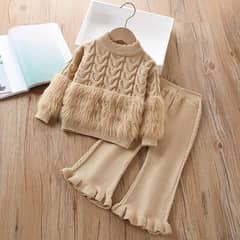 Girl's Stylish Twisted Fur knitted long sleeved shirt set- 2 pcs