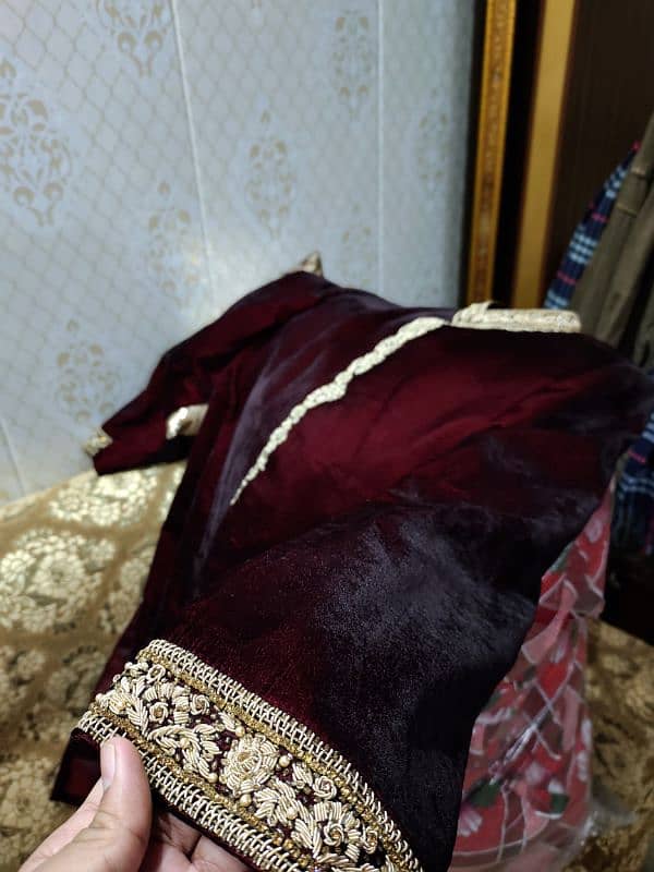 Groom Shirwani Walwet stuff Mehroon color with inner suit and Qulah. . 11