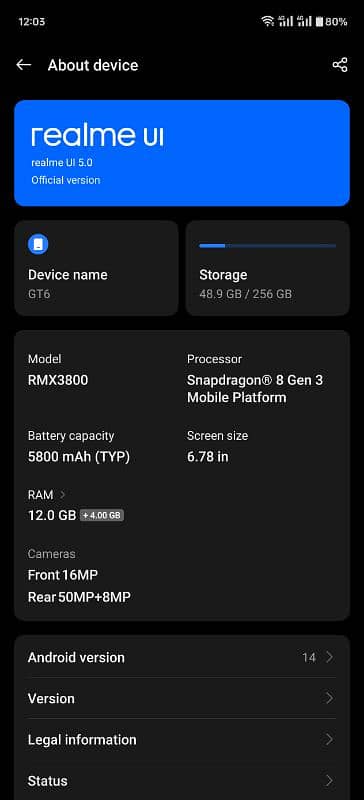 Realme gt 6 8 gen 3 256gb PTA APPROVED 1