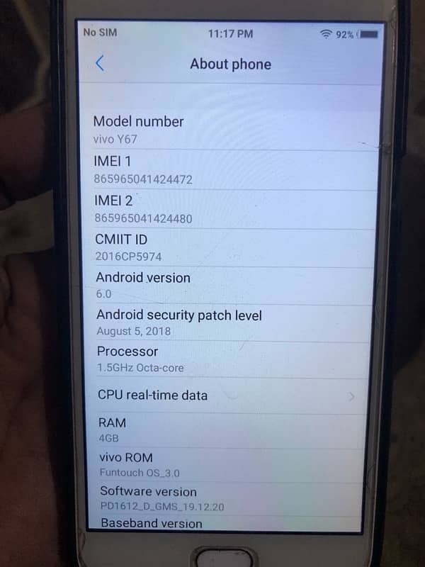 vivo Y67 condition raaf hai 0