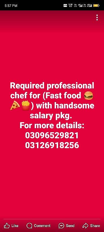 Need professional chef for fast food with handsome salary pkg 0