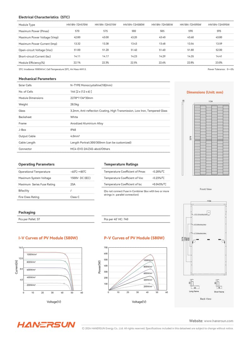 Solar Panel TIER 1 - Grade A - HANERSUN 580W TOPCon N Type 1