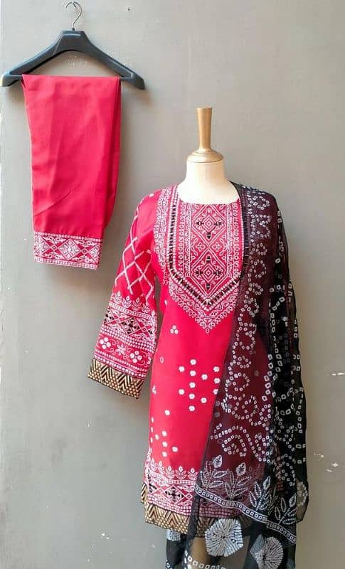 3 piece woman's stitched katan silk printed suit 0