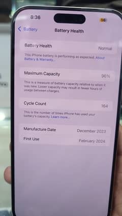 iphone 15 pro max 256Gb 96% battery health 164 charge cycle