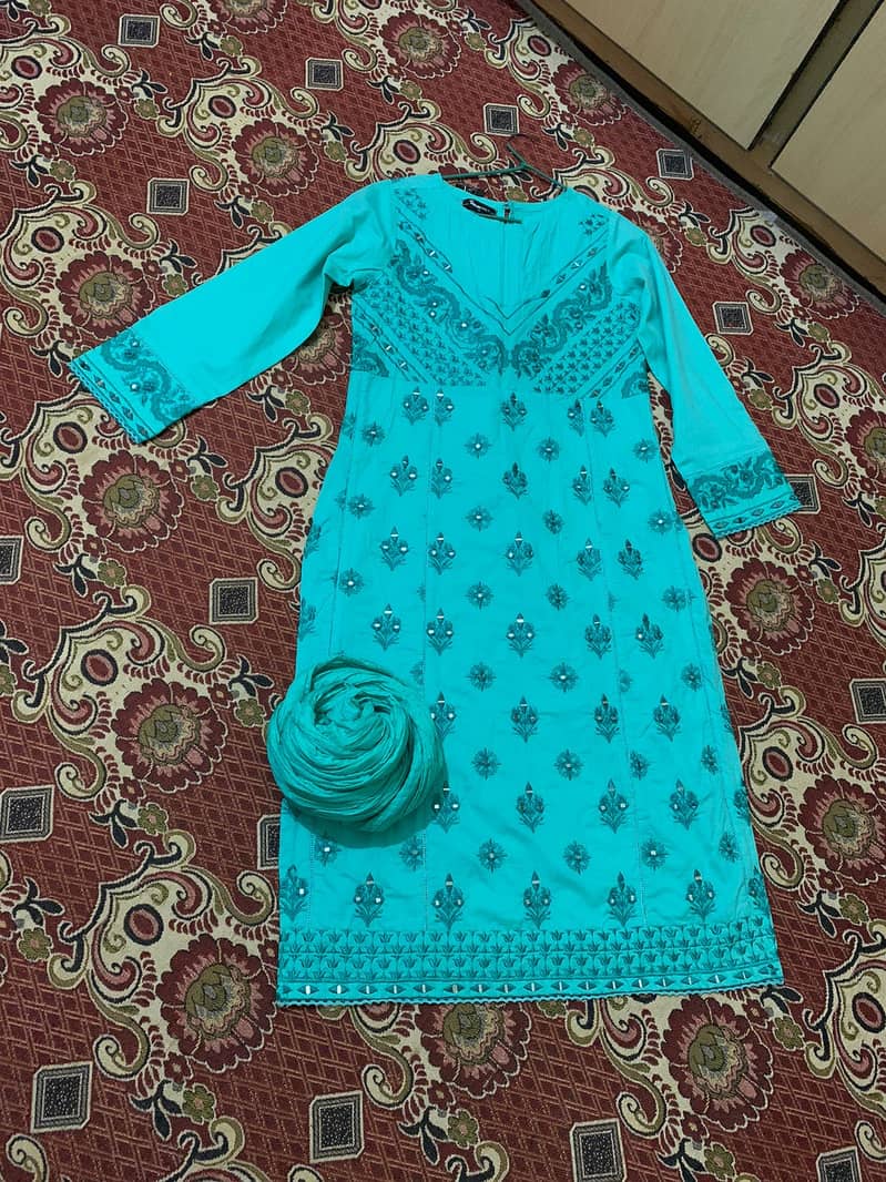 Elegant Aqua Blue Embroidered Kurti with Dupatta 2