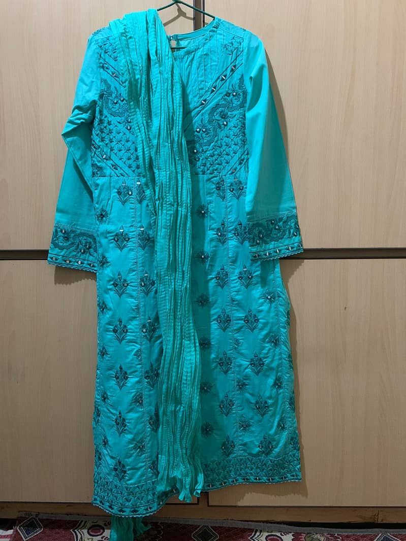 Elegant Aqua Blue Embroidered Kurti with Dupatta 7