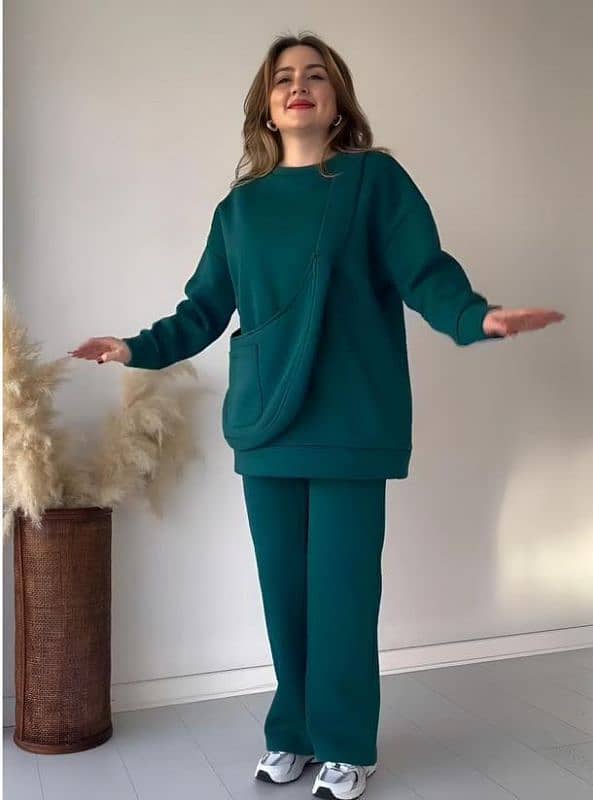 Stylish Women's Stitched Co-Ord Set - 3 Pcs Plain Fleece in Green 0