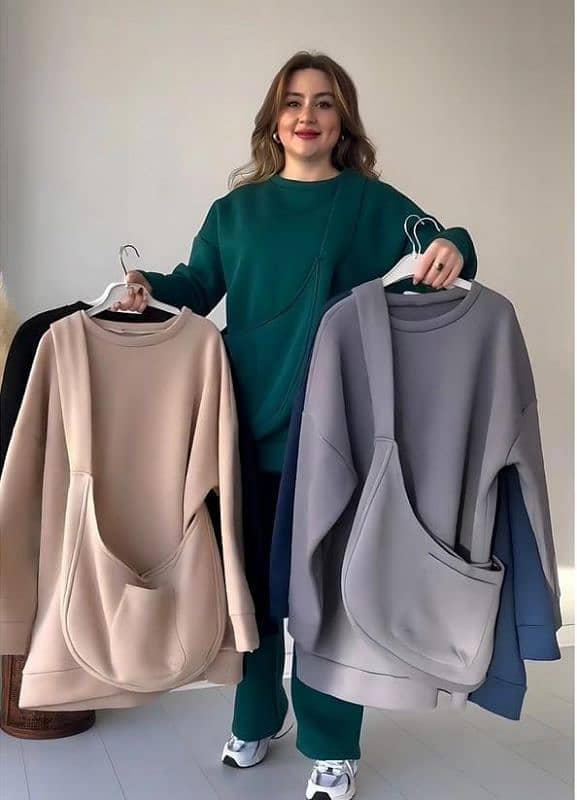 Stylish Women's Stitched Co-Ord Set - 3 Pcs Plain Fleece in Green 1