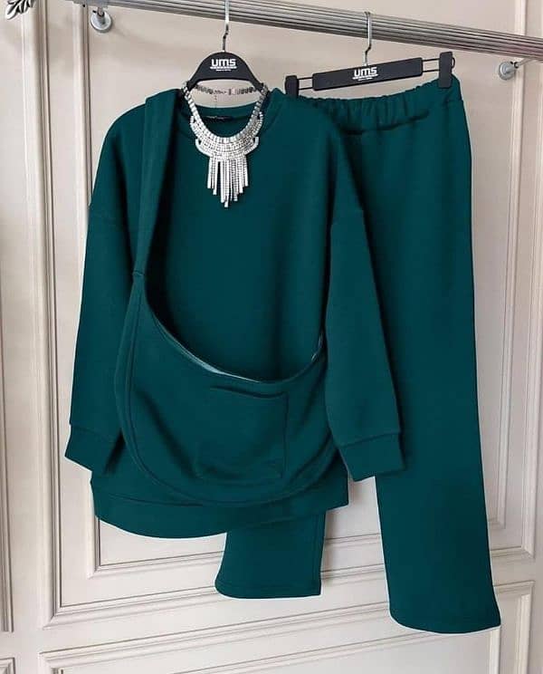 Stylish Women's Stitched Co-Ord Set - 3 Pcs Plain Fleece in Green 2