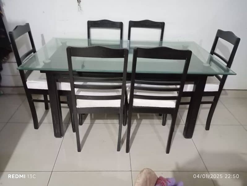 Glass top +bormateak Wood base Dining Table along with 6 wooden Chairs 0