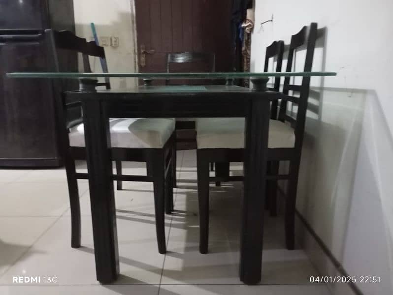 Glass top +bormateak Wood base Dining Table along with 6 wooden Chairs 1