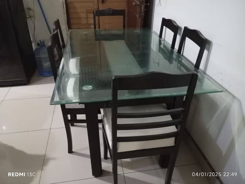 Glass top +bormateak Wood base Dining Table along with 6 wooden Chairs 2