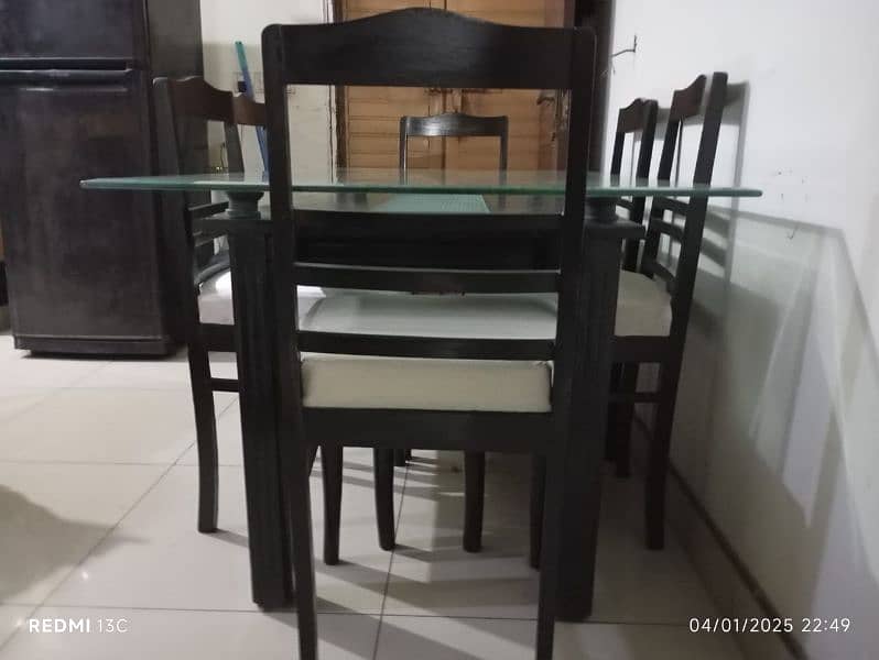 Glass top +bormateak Wood base Dining Table along with 6 wooden Chairs 3