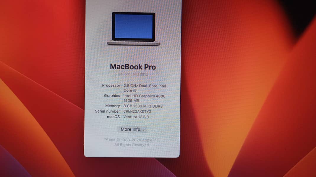 Macbook pro mid 2012 for sale. 8gb ram, 256 SSD and MAC OS Ventura. 2