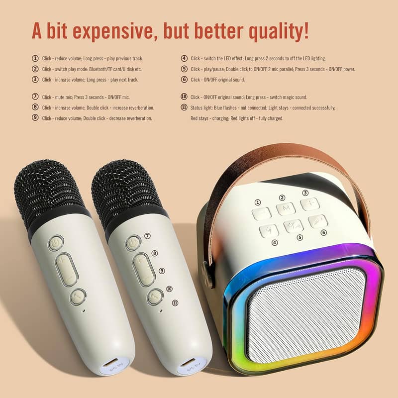 LED Karaoke Machine,Portable Bluetooth with 2 Wireless Microphone 4