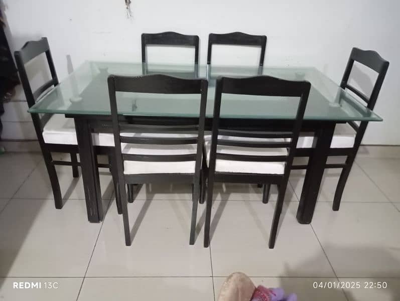 burmateak wood dining table with 12 mm glass top and 6 chairs 0