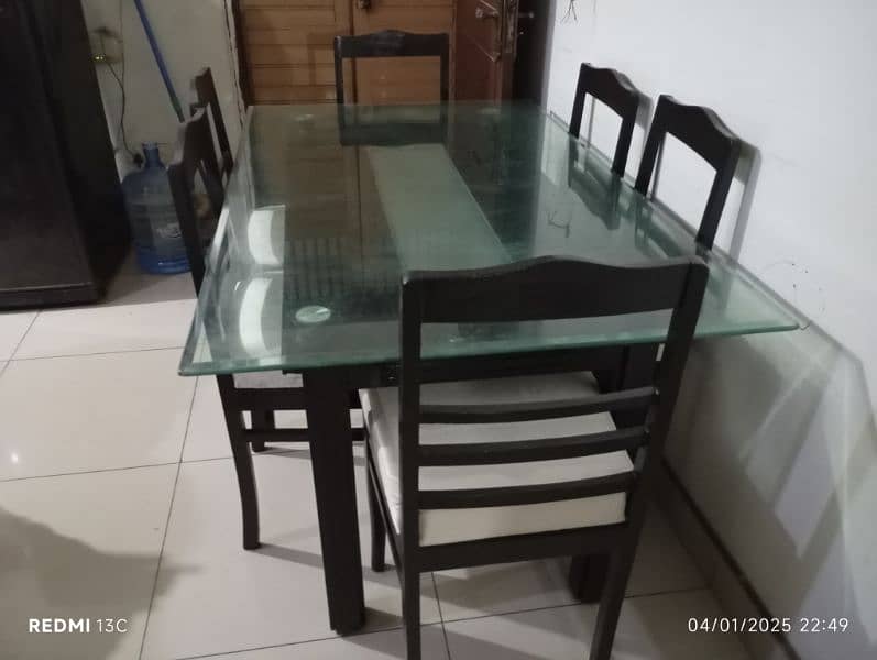 burmateak wood dining table with 12 mm glass top and 6 chairs 2