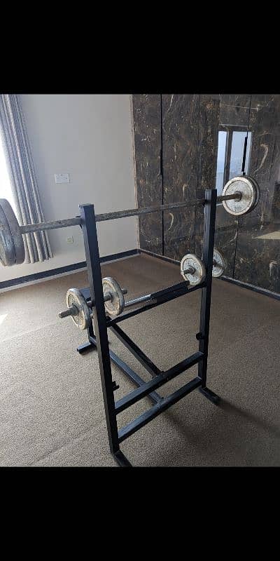 gym bench, rod, dumbbell, wrights 5