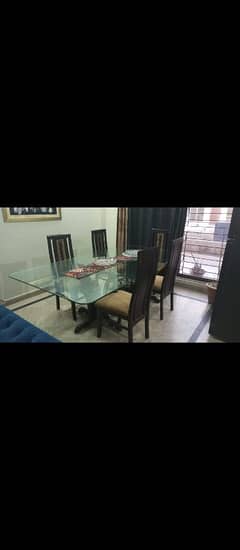 Elegant Glass Top Dining Table with Wooden Base & 6 chairs