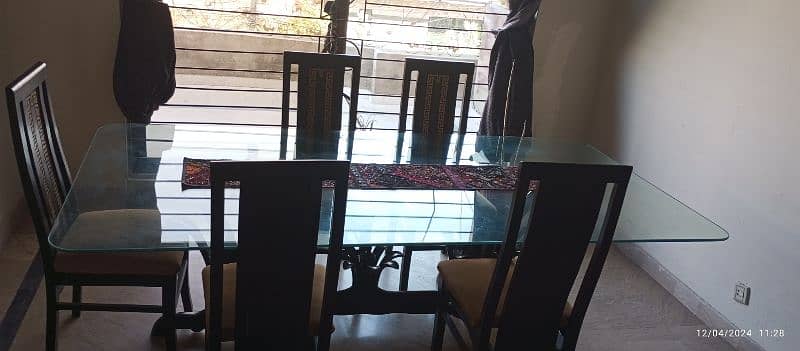 Elegant Glass Top Dining Table with Wooden Base & 6 chairs 1