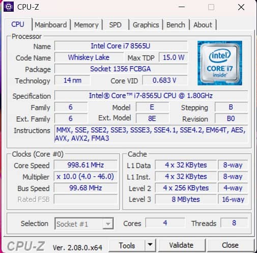 Dell i7 8th gen 4 cores 8 threads 6