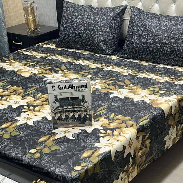 luxurious printed cotton double bedsheet set 3 pcs- in black 0