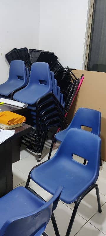 24 Class room Chairs, 1 office Table, 1 computer Table,  4 single sofy 1