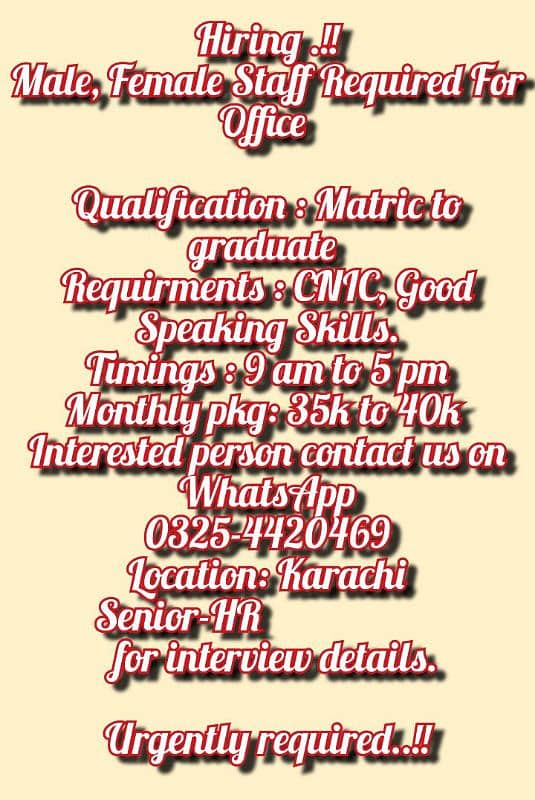 Need Male and female staff for office job 0